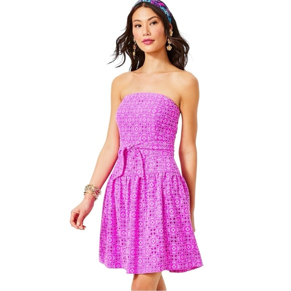LILLY PULITZER AKELA ORCHID OASIS DIAMOND LEAF EYELET DROP WAIST MINI DRESS - Picture 1 of 16